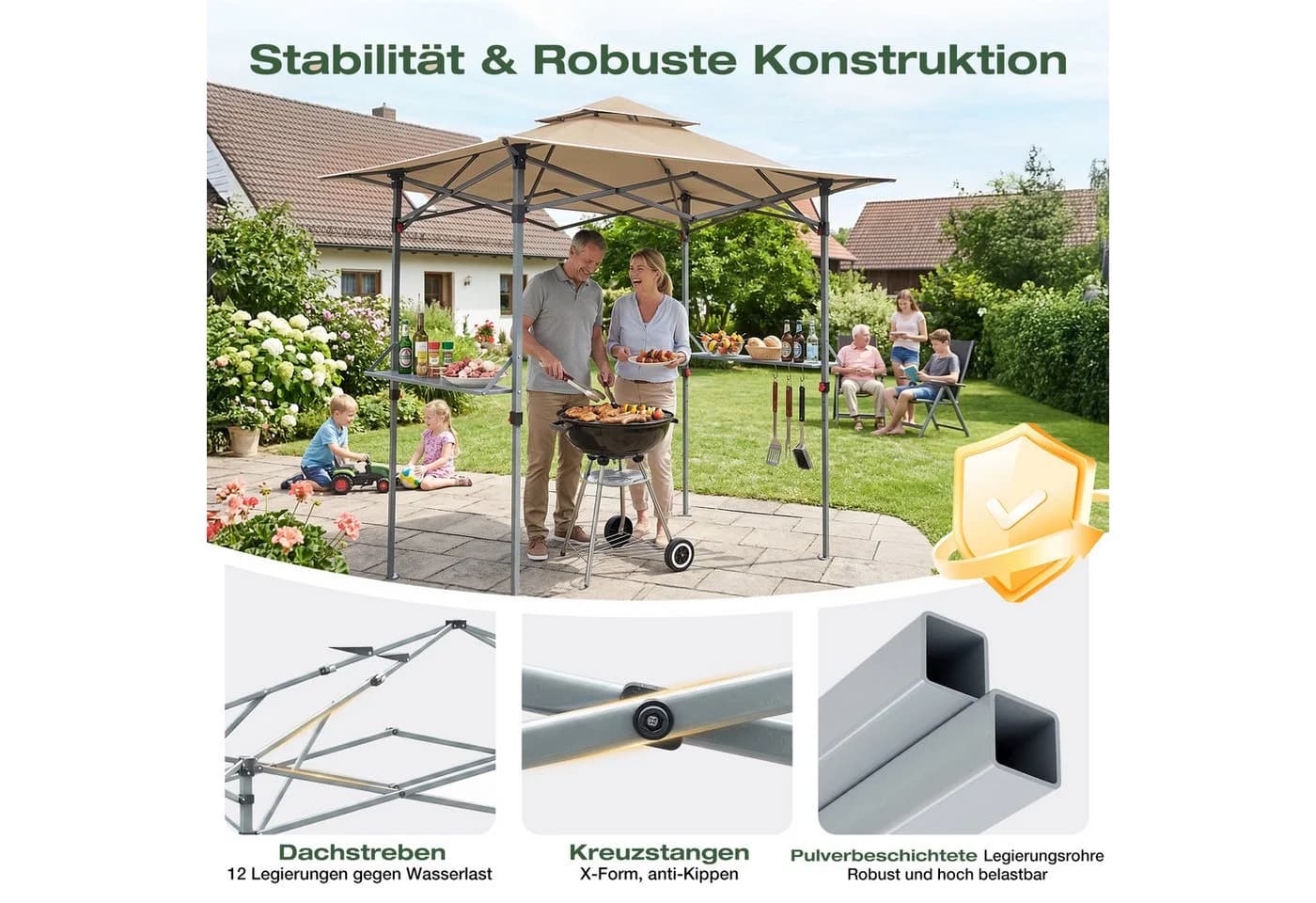 Sekey Grillpavillon Faltbar 250x150cm Taupe Wasserdicht - Bild 4
