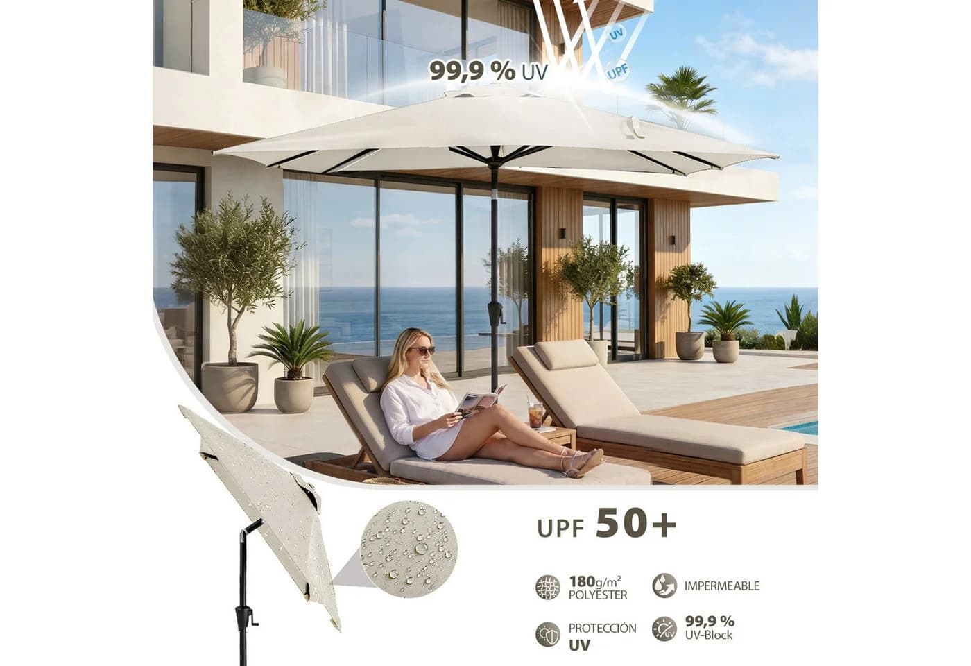 Sekey Sonnenschirm Rechteckig mit Kurbel UV Schutz Creme - Bild 3