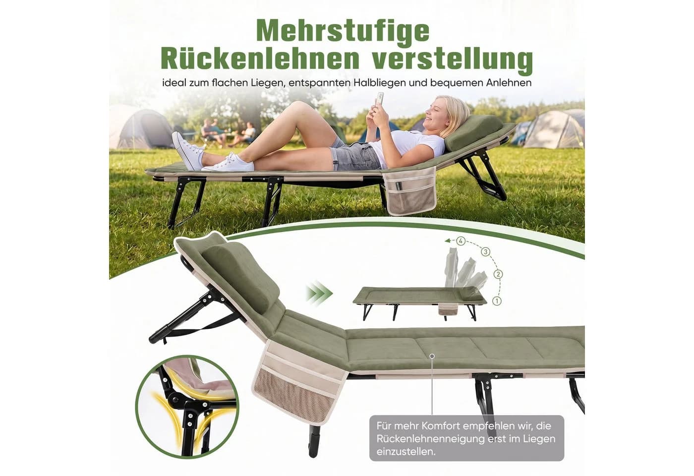 Sekey Faltbett Grün mit verstellbarer Rückenlehne und Kissen