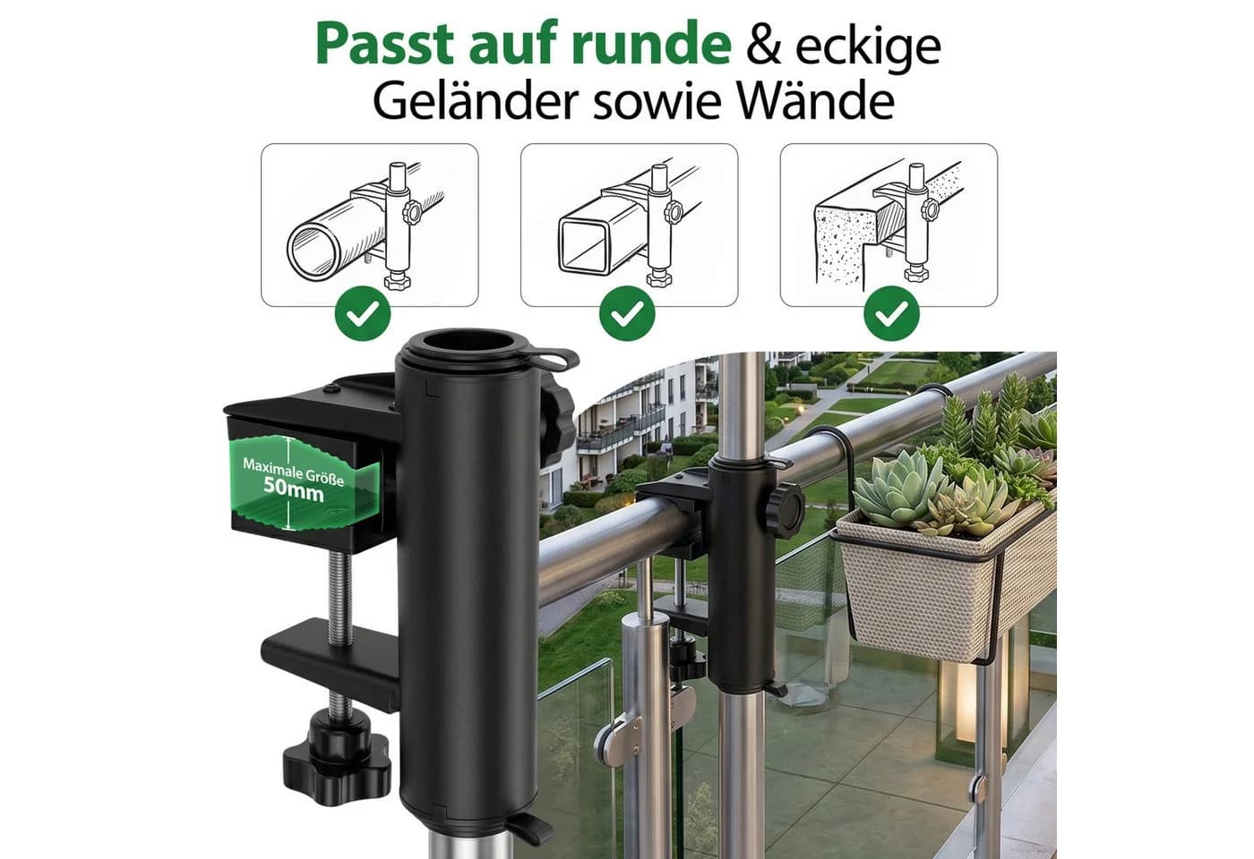 Sekey Balkonklammer Sonnenschirmhalter Schwarz für Geländer 19-38 mm