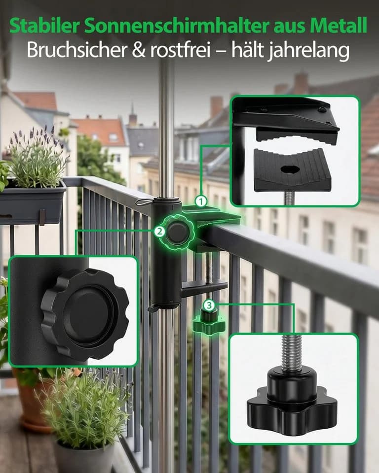 Sekey Balkonklammer Sonnenschirmhalter Schwarz für Geländer 19-38 mm - Bild 4