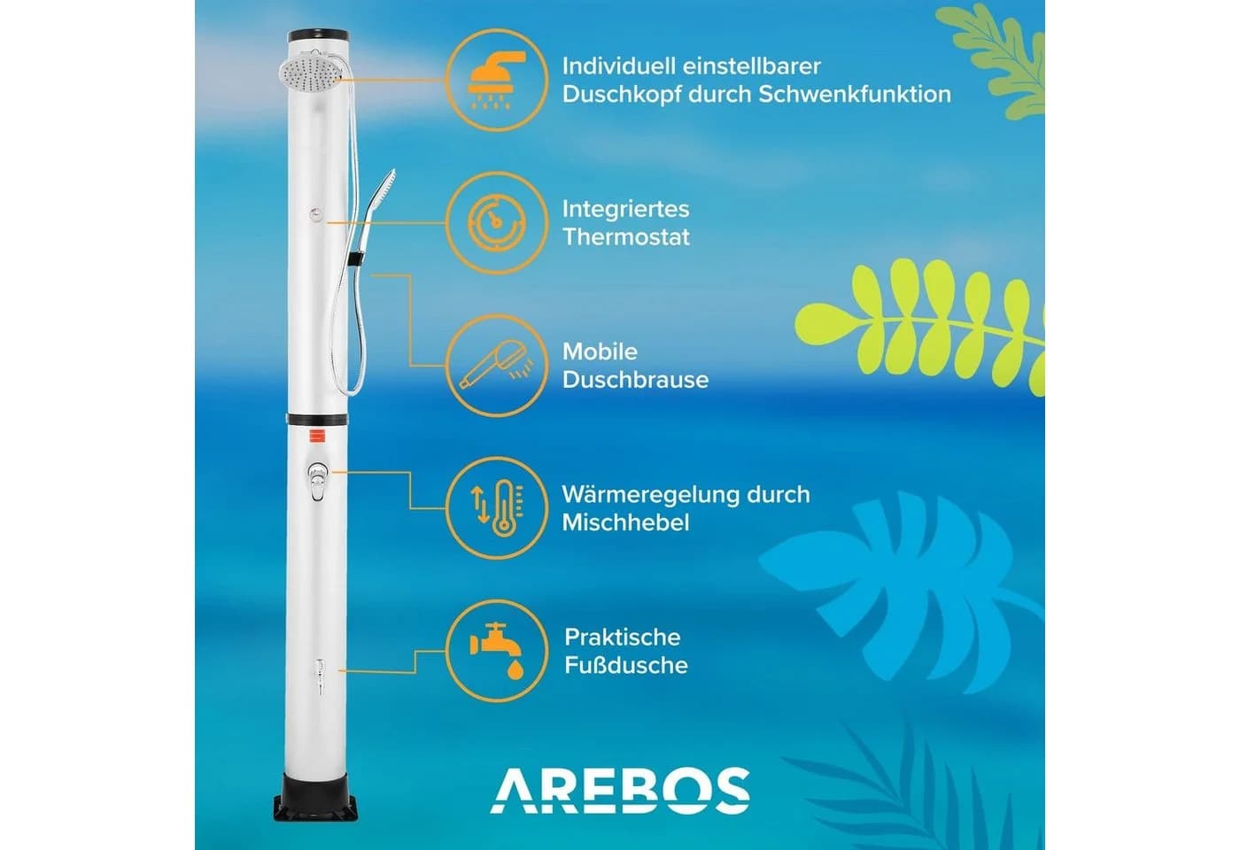 AREBOS Solardusche 40L Schwarz/Silber mit Thermometer & Fußdusche - Bild 3