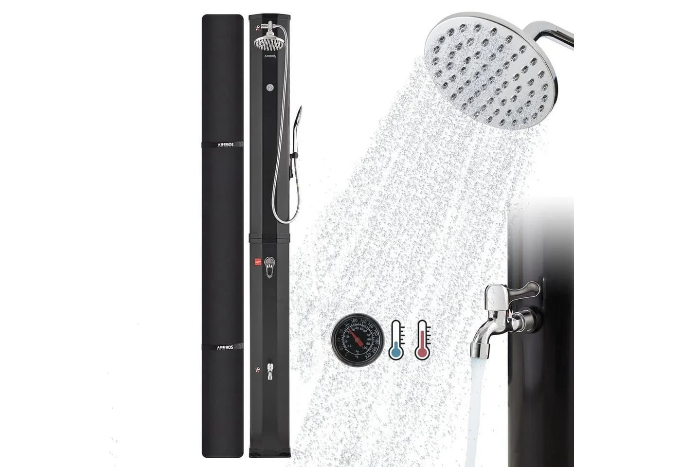 Arebos Solardusche 60 L Schwarz mit Thermometer, Handbrause & Fußdusche - Bild 2