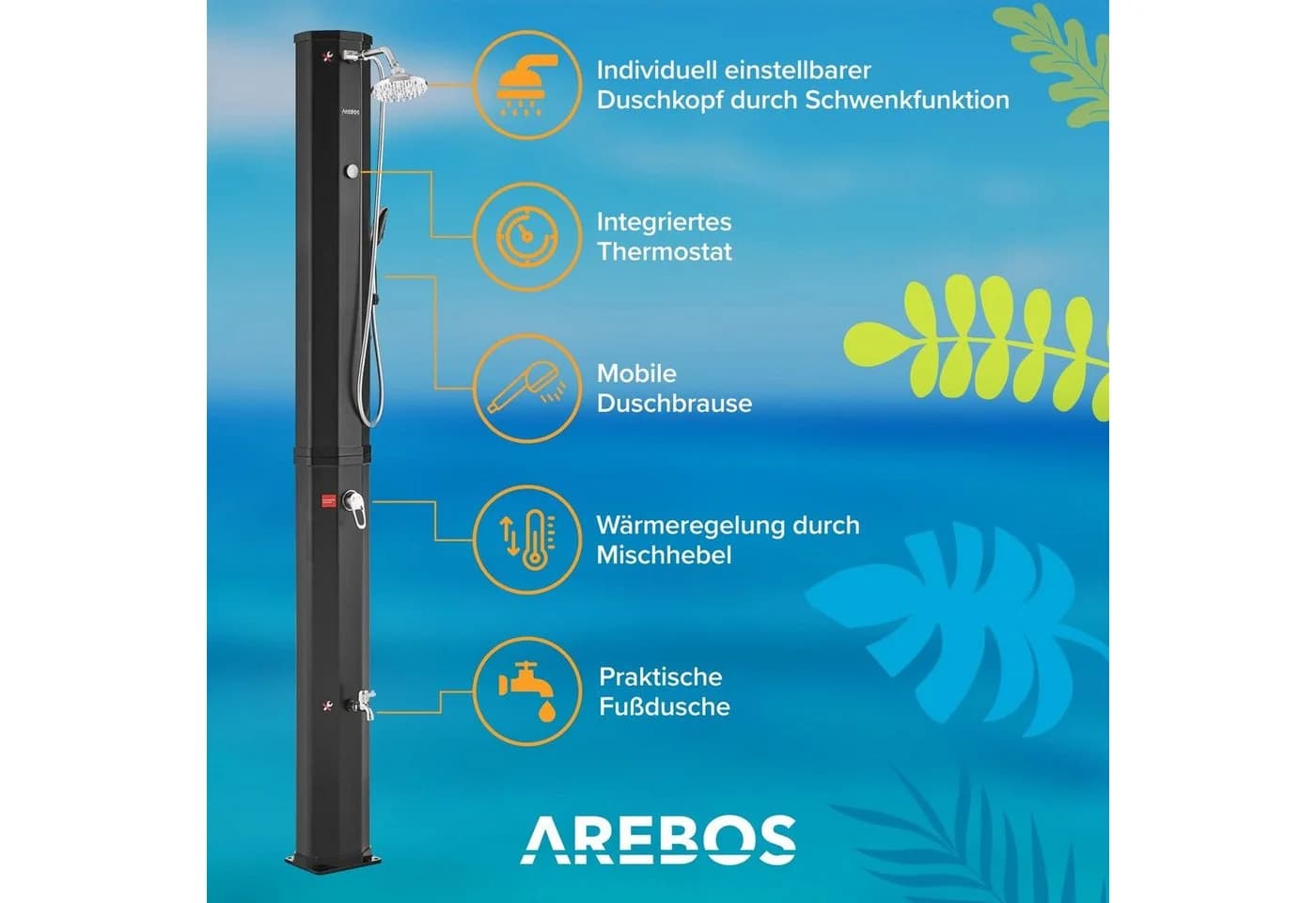 Arebos Solardusche 60 L Schwarz mit Thermometer, Handbrause & Fußdusche - Bild 3