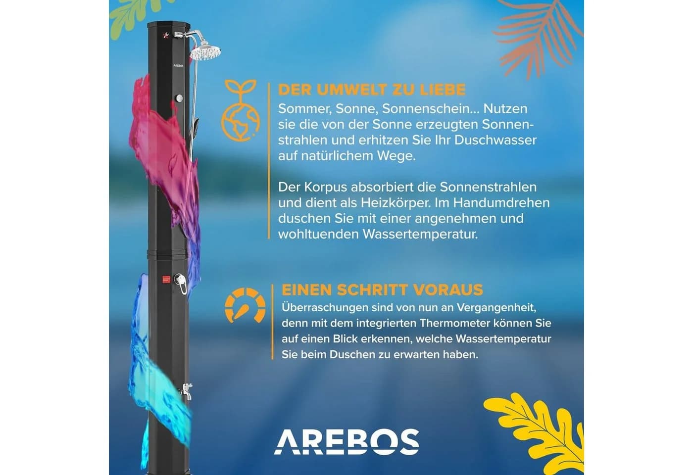 Arebos Solardusche 60 L Schwarz mit Thermometer, Handbrause & Fußdusche - Bild 5