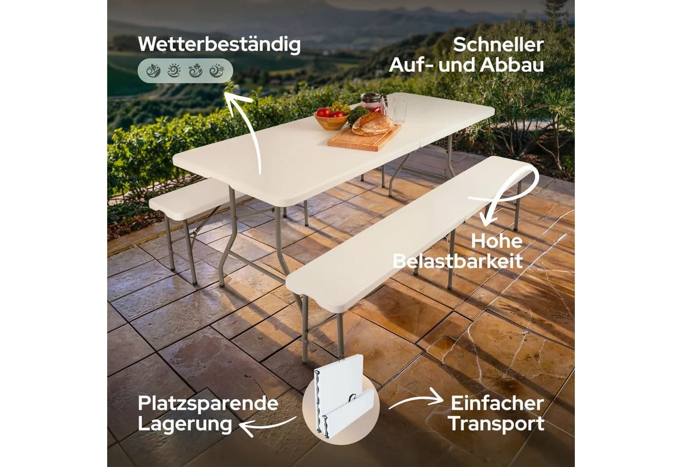 Arebos Bierzeltgarnitur 3-tlg. Weiß Klappbar Wetterfest - Bild 3