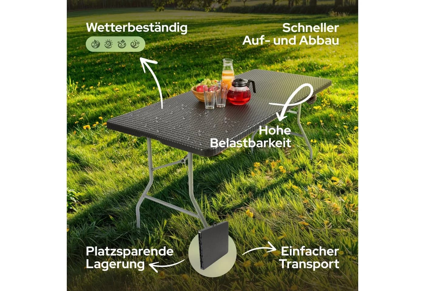 Arebos Klapptisch Schwarz Rattan-Optik Klappbar 150 kg Tragkraft - Bild 3