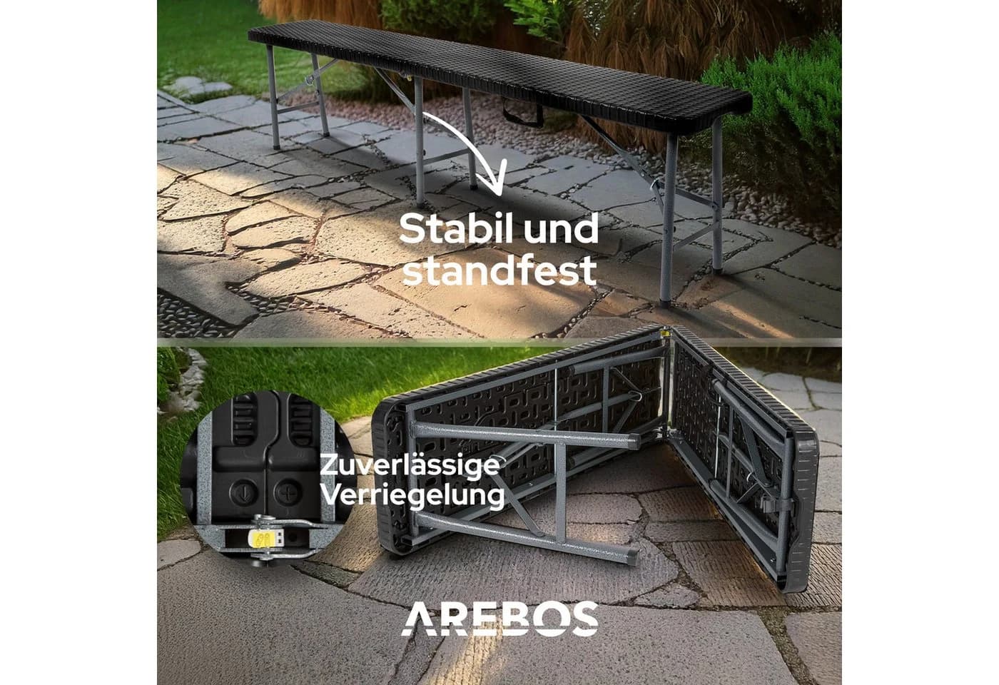 Arebos Bierzeltgarnitur 2x Klappbank Schwarz Rattan-Look - Bild 4