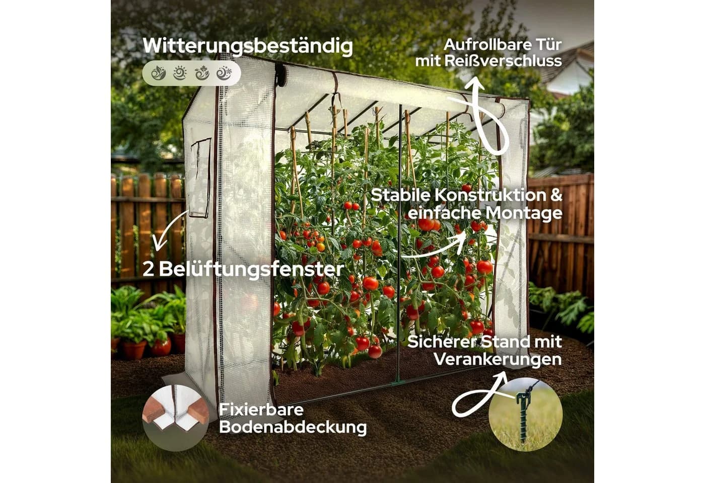 Arebos Tomatengewächshaus 200x77x170 cm mit 2 Netzfenstern & Rolltür - Bild 3