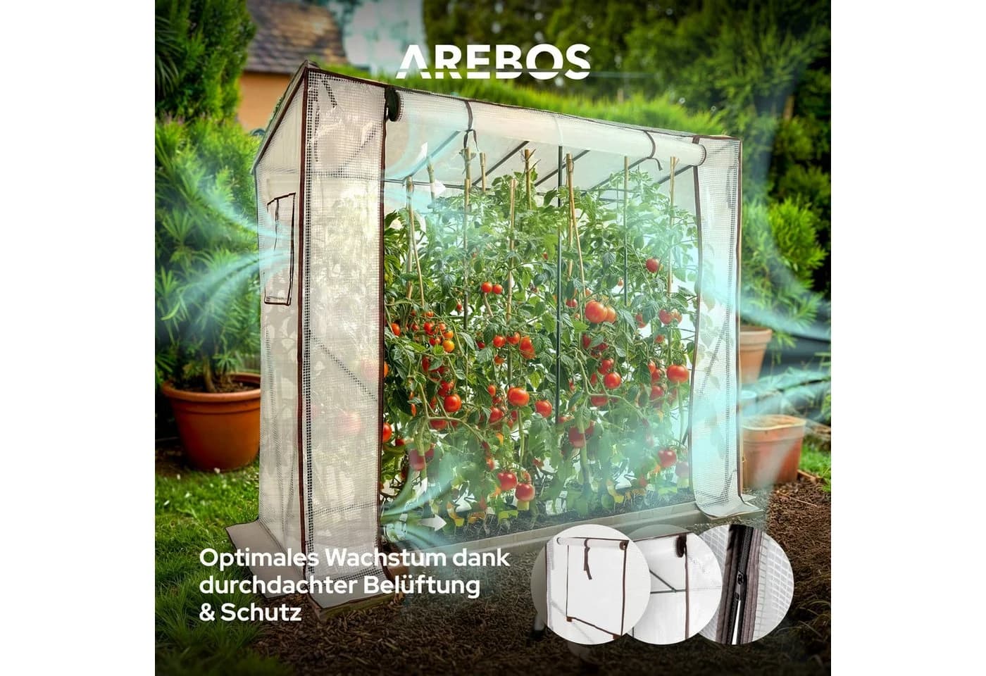 Arebos Tomatengewächshaus 200x77x170 cm mit 2 Netzfenstern & Rolltür - Bild 5