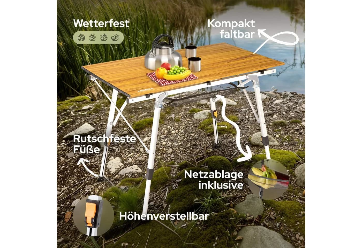 AREBOS Faltbarer Campingtisch Aluminium Braun Silber - Bild 3