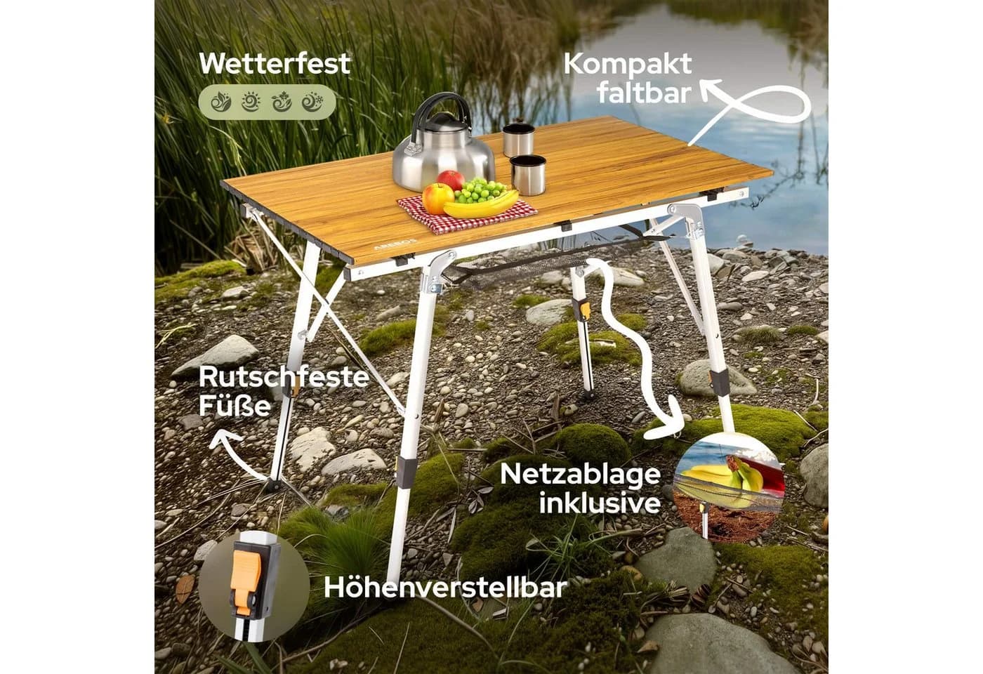 Arebos Campingtisch Faltbar Höhenverstellbar Braun Silber - Bild 3