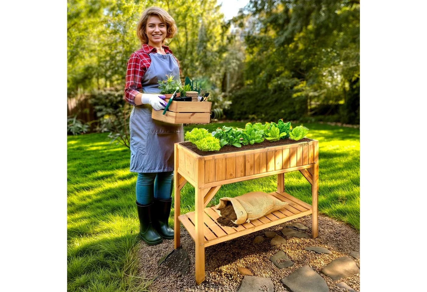 Arebos Hochbeet Holz 191,4 Liter für Kräuter, Gemüse & Blumen