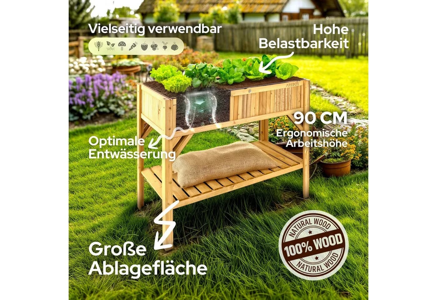 Arebos Hochbeet Holz 191,4 Liter für Kräuter, Gemüse & Blumen - Bild 3