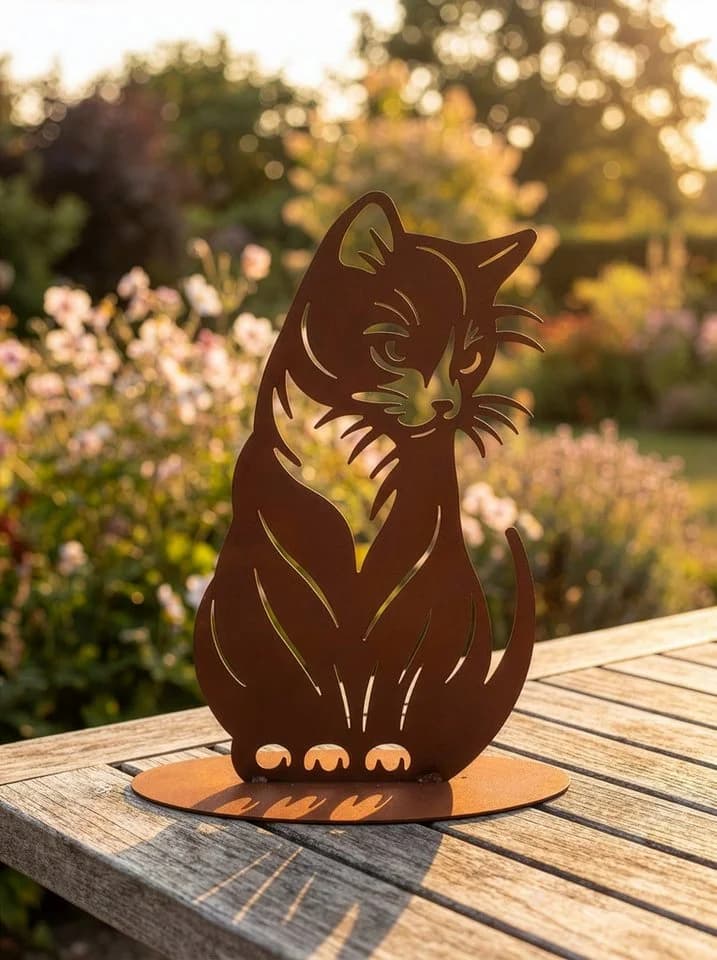 Ferrum Art Design Gartenfigur Katzenmutter Edelrost Metall