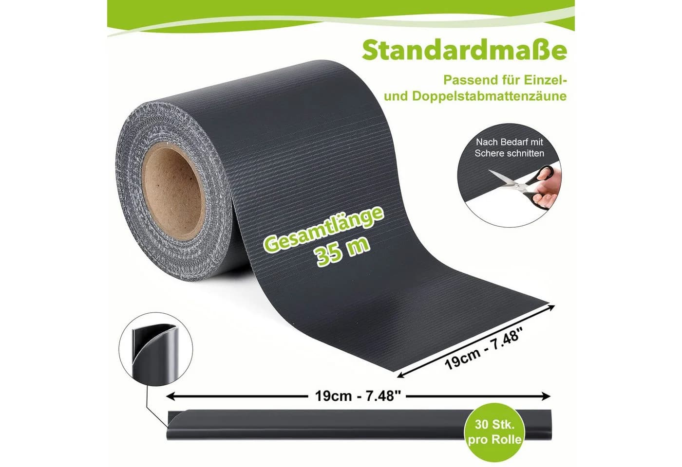 Ribelli Sichtschutzstreifen PVC Anthrazit Grau Grün 35m x 19cm mit 30 Clips