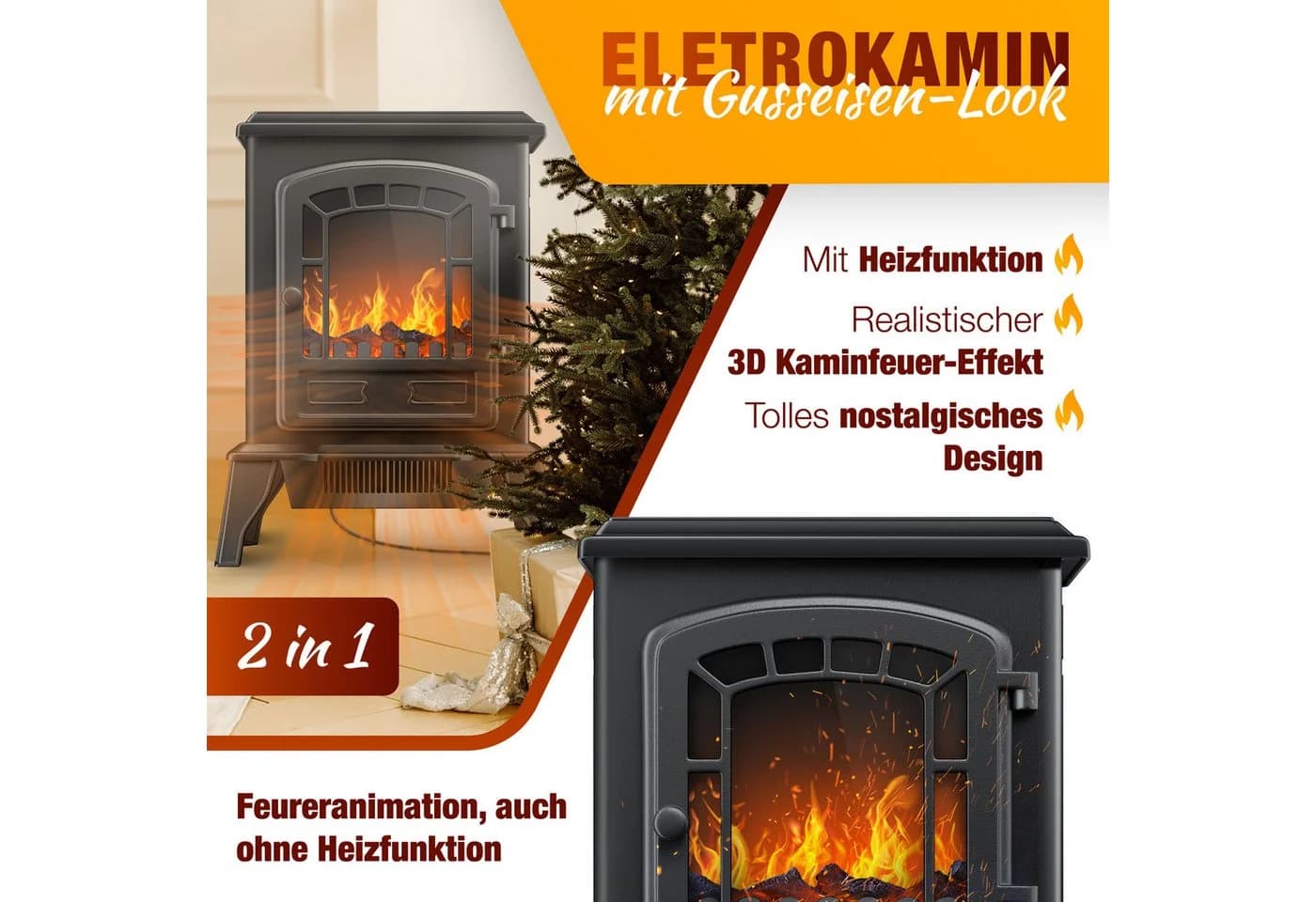 KESSER Elektrokamin mit Heizlüfter & Fernbedienung 2000W LED Kaminfeuer Effekt - Bild 2