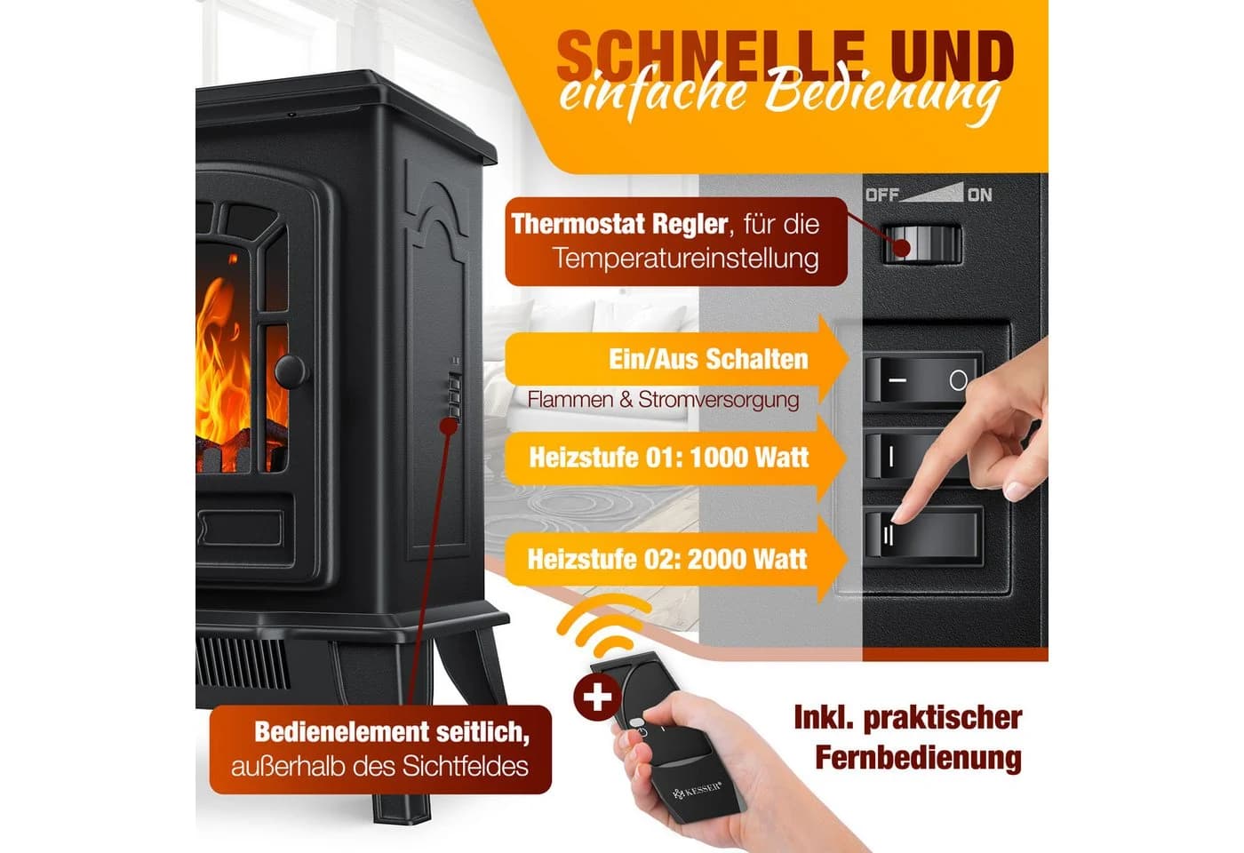 KESSER Elektrokamin mit Heizlüfter & Fernbedienung 2000W LED Kaminfeuer Effekt - Bild 4