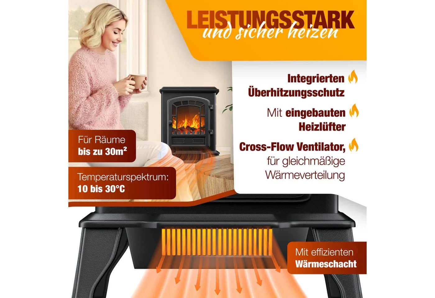 KESSER Elektrokamin mit Heizlüfter & Fernbedienung 2000W LED Kaminfeuer Effekt - Bild 5