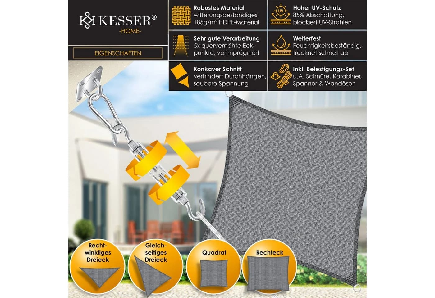 KESSER Sonnensegel Grau HDPE wasserabweisend 2x2m