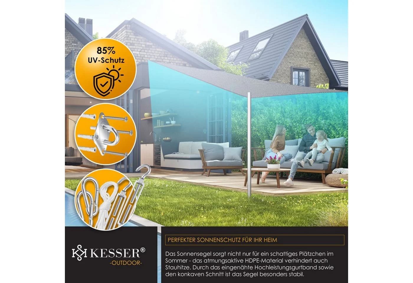 KESSER Sonnensegel Grau HDPE wasserabweisend 2x2m - Bild 4