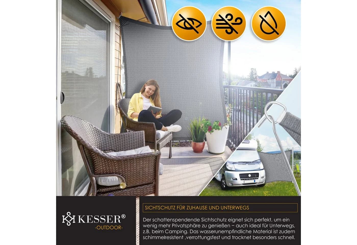 KESSER Sonnensegel Grau HDPE wasserabweisend 2x2m - Bild 5