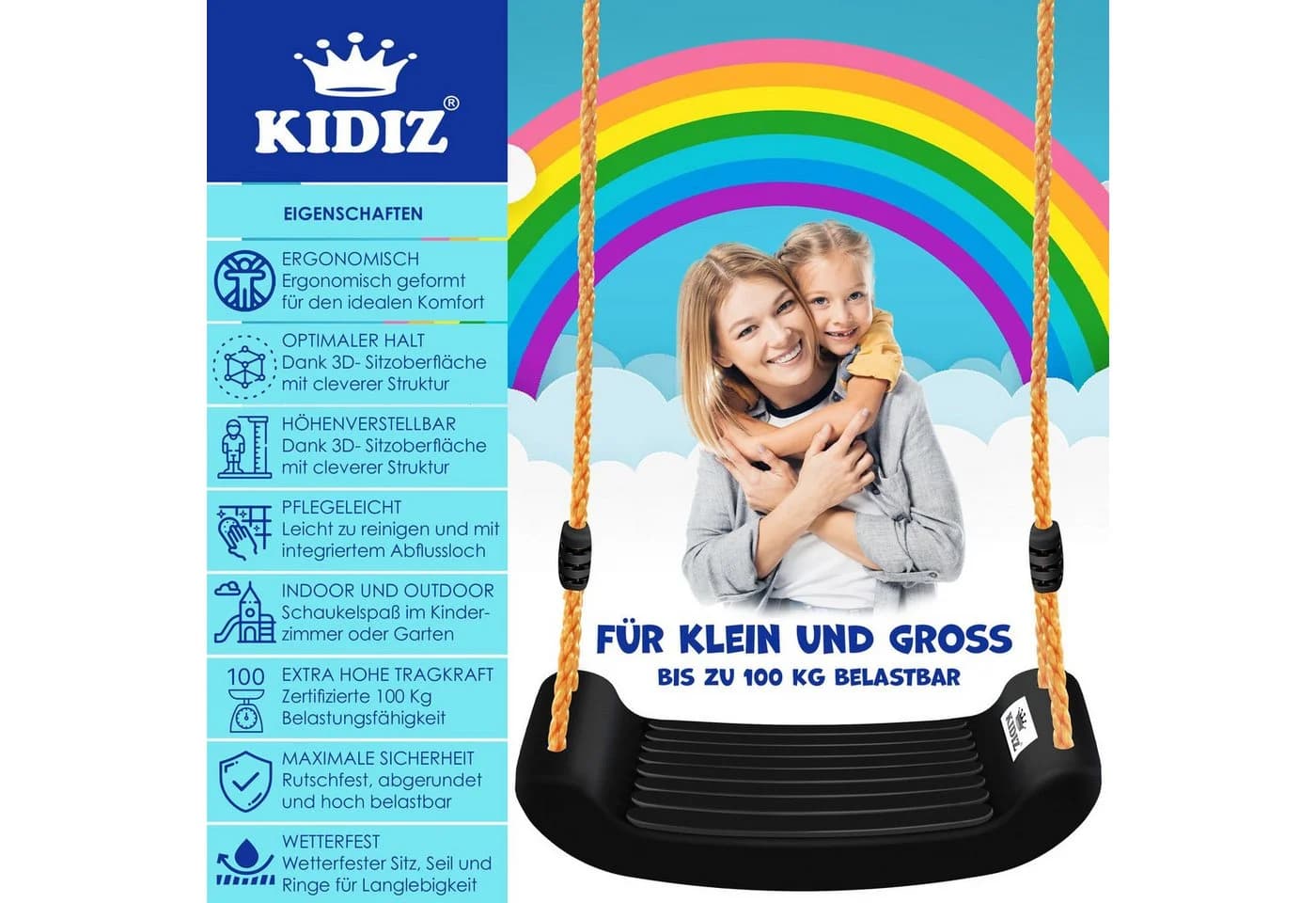 KIDIZ Kinderschaukel Set Höhenverstellbar Schwarz Rutschfest