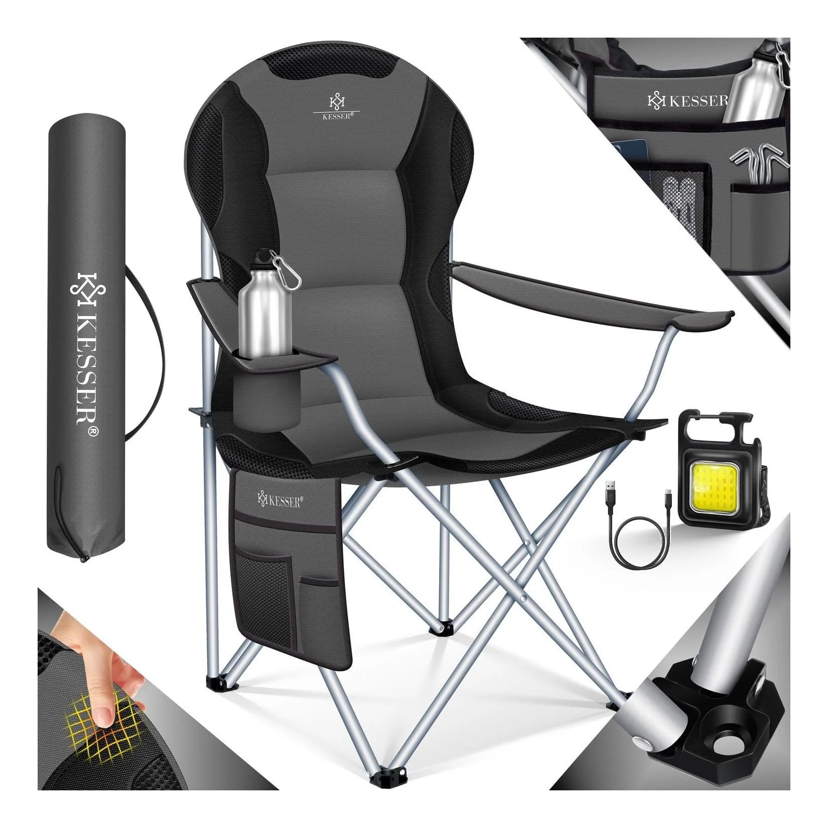 KESSER Campingstuhl Faltbar Anthrazit 150kg Tragkraft mit Taschen