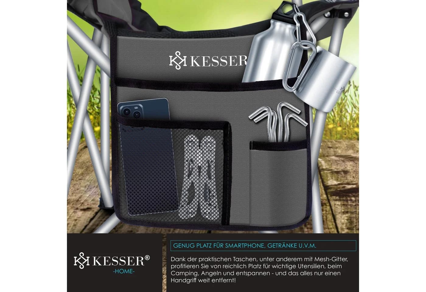 KESSER Campingstuhl Faltbar Anthrazit 150kg Tragkraft mit Taschen - Bild 4