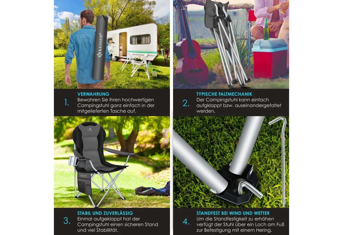 KESSER Campingstuhl Faltbar Anthrazit 150kg Tragkraft mit Taschen - Bild 5