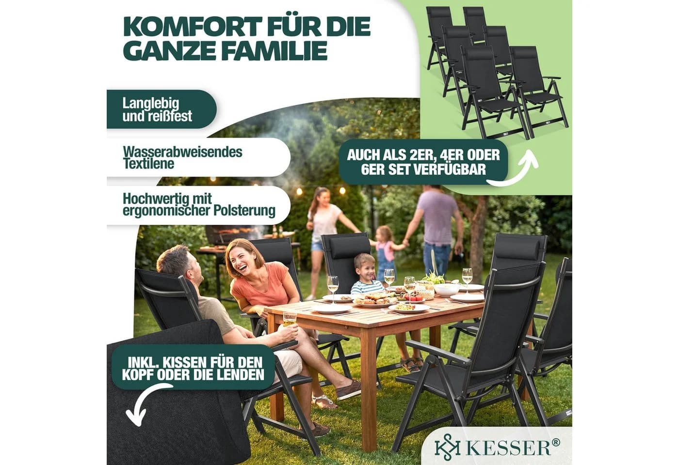 KESSER Gartenstuhl 2er Set Aluminium Hochlehner Klappstuhl mit Kopfkissen - Bild 2