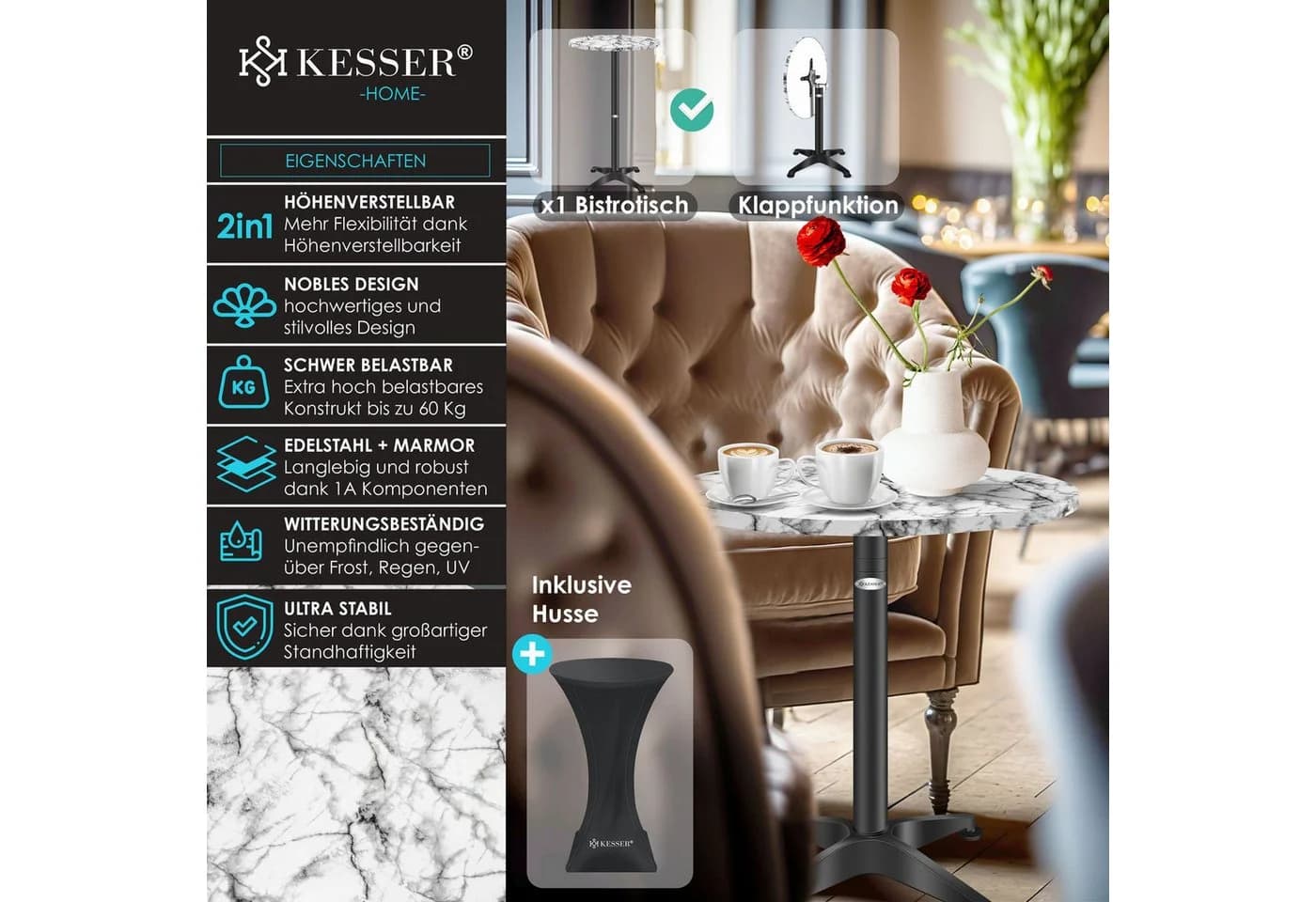KESSER® 2in1 Stehtisch klappbar Bistrotisch Aluminium Edelstahlplatte höhenverstellbar - Bild 2