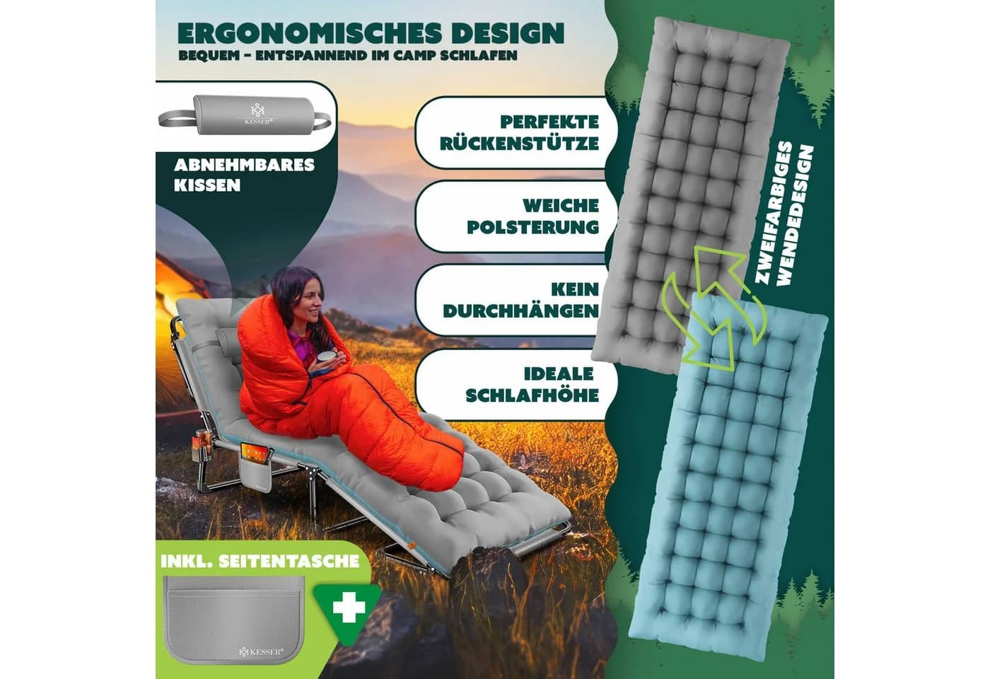 KESSER Campingliege Klappbar Grau/Blau mit Kissen - Bild 3