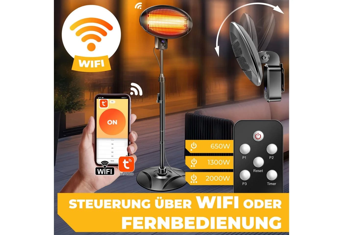 KESSER Terrassenstrahler Infrarot Schwarz WLAN Fernbedienung 2000W
