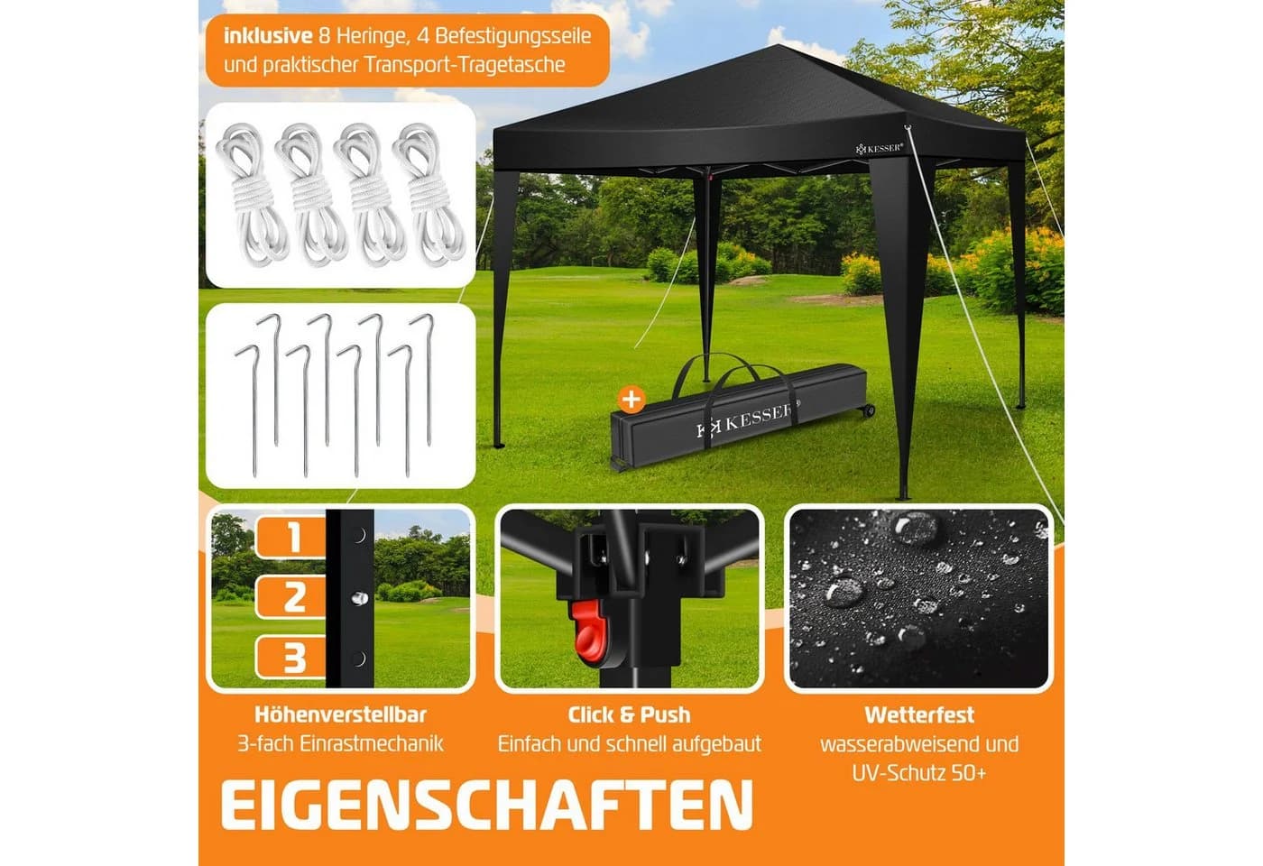 KESSER Pavillon 3x3m wasserdicht inkl. Tasche Pop-Up Klicksystem