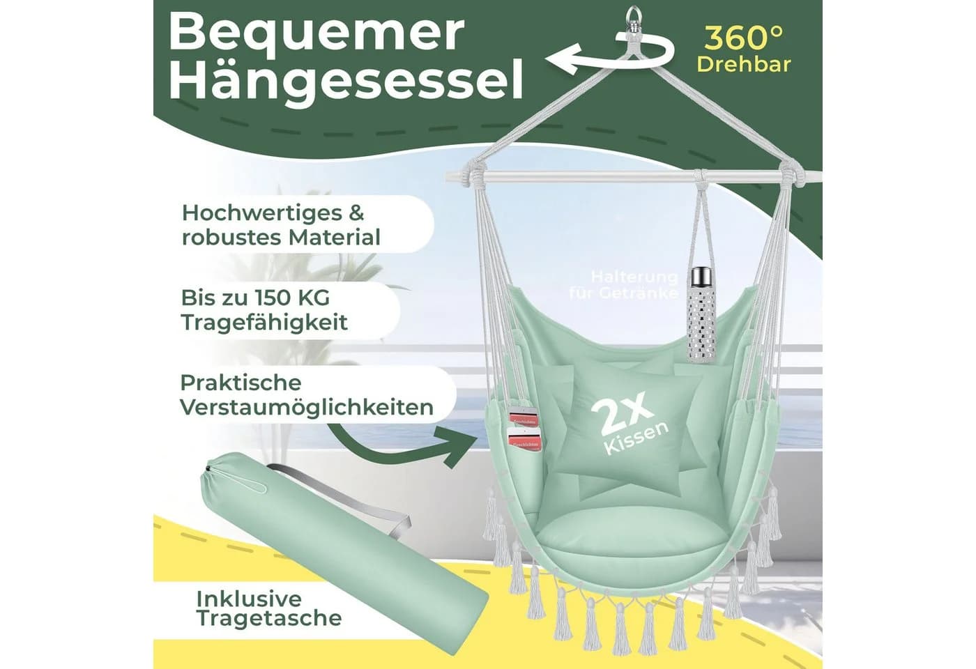 KESSER Hängesessel mit Kissen, Getränkehalter & Bücherfach bis 150kg