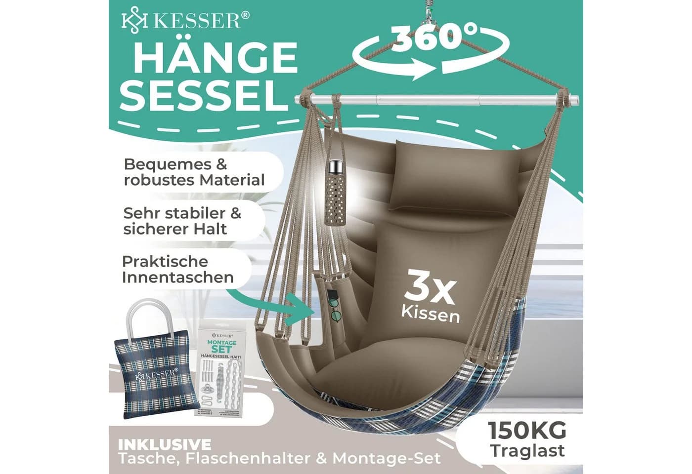 KESSER Hängesessel Haiti 150kg Traglast Braun Indoor Outdoor