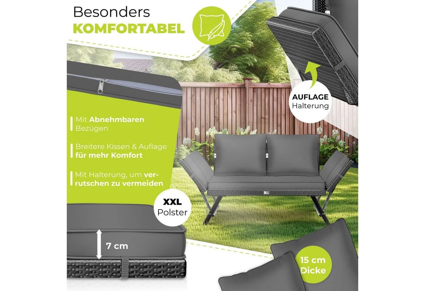 KESSER Gartenbank Polyrattan Luna Schwarz mit Liegefunktion