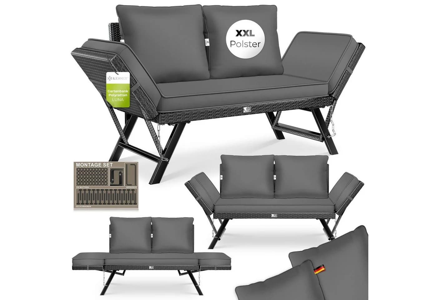 KESSER Gartenbank Polyrattan Luna Schwarz mit Liegefunktion - Bild 2