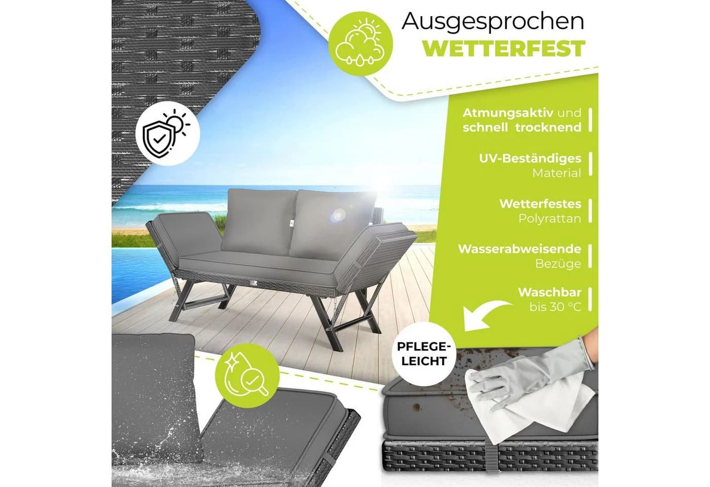 KESSER Gartenbank Polyrattan Luna Schwarz mit Liegefunktion - Bild 4