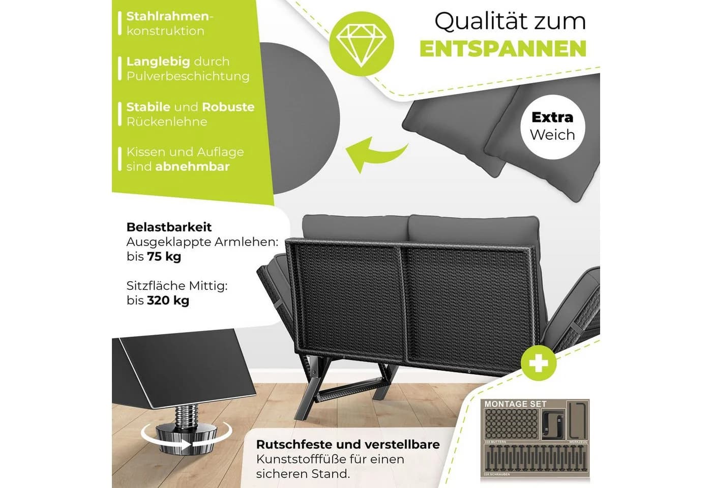 KESSER Gartenbank Polyrattan Luna Schwarz mit Liegefunktion - Bild 5