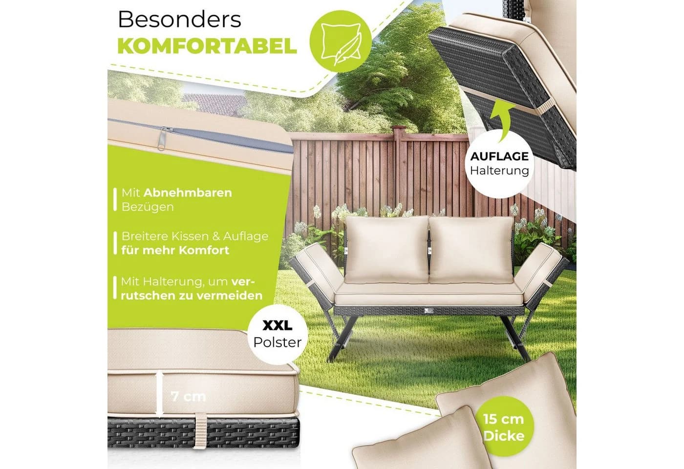 KESSER Gartenbank Polyrattan Luna Beige Multifunktional mit Liegefunktion