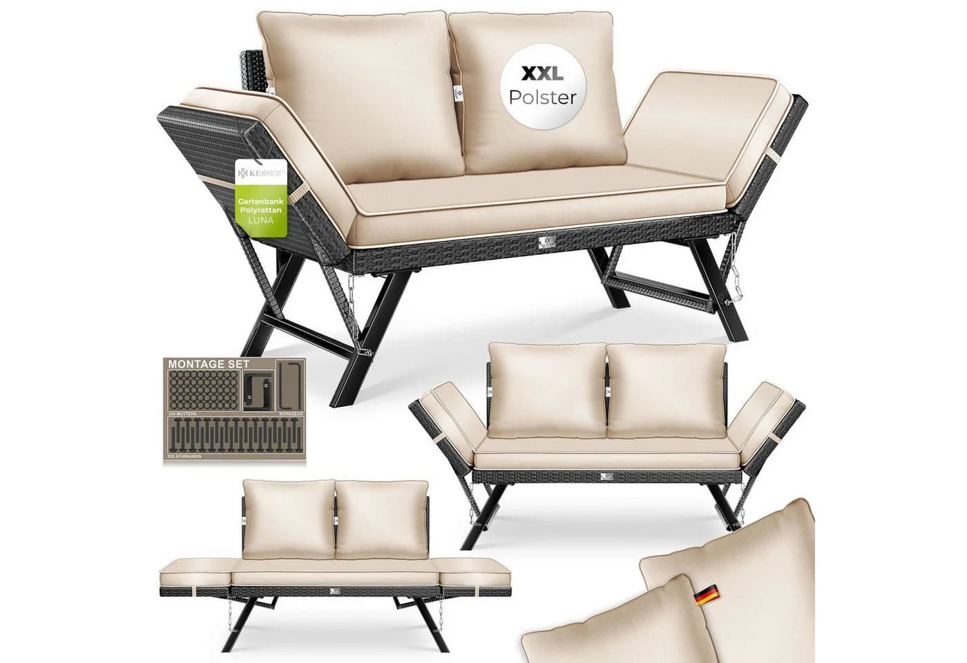 KESSER Gartenbank Polyrattan Luna Beige Multifunktional mit Liegefunktion - Bild 2