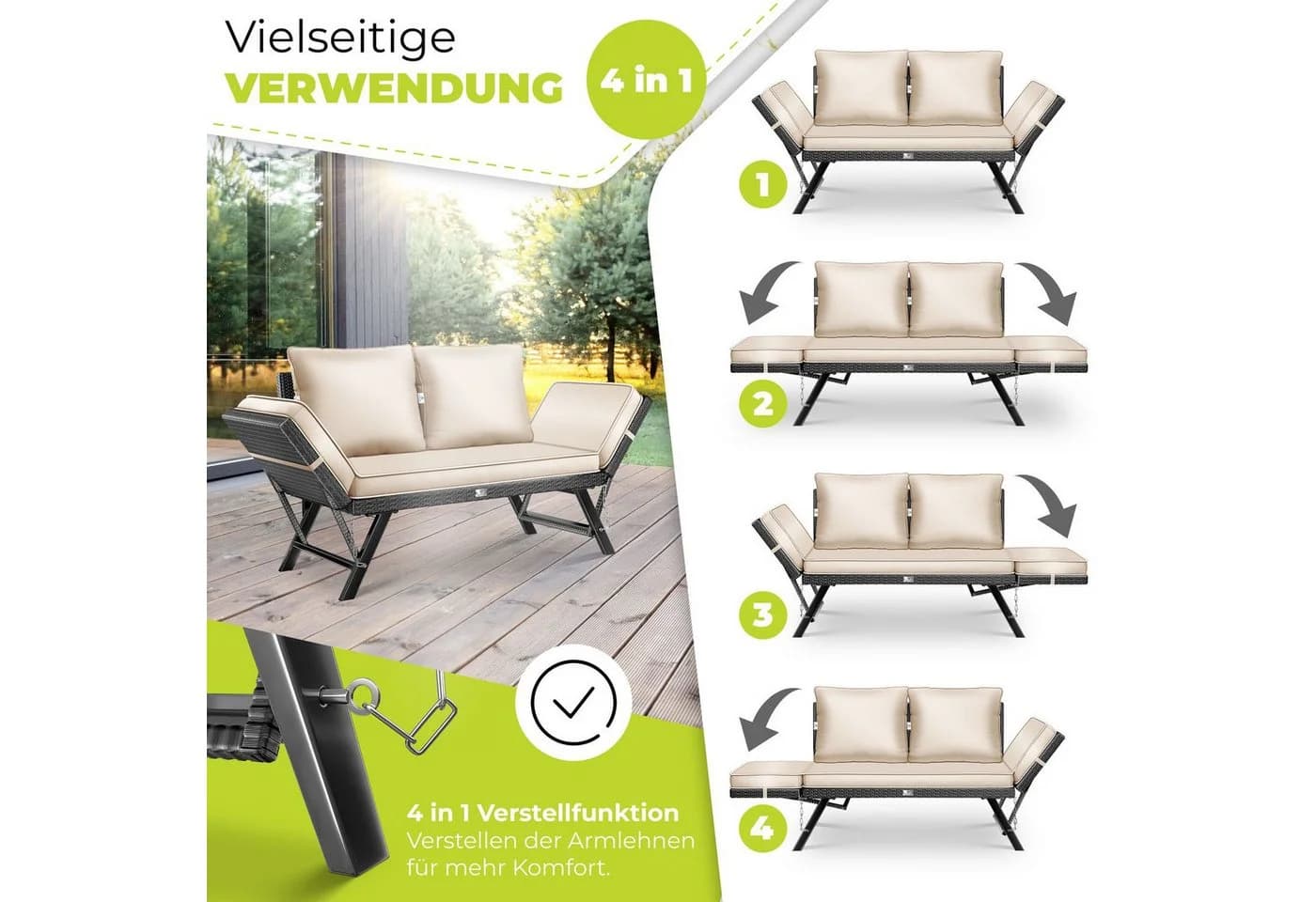 KESSER Gartenbank Polyrattan Luna Beige Multifunktional mit Liegefunktion - Bild 3