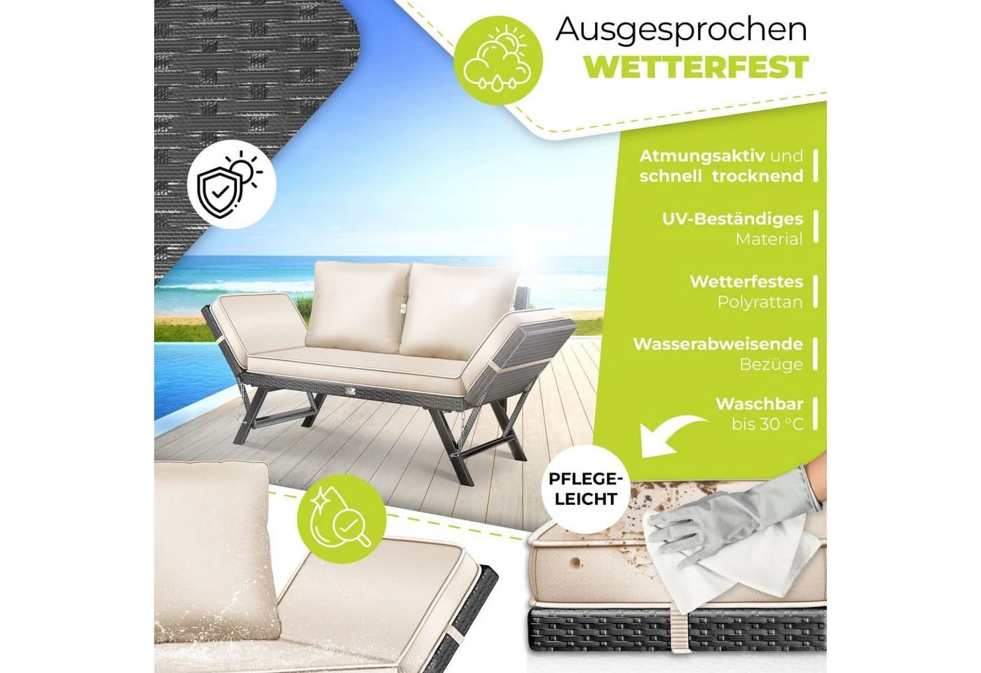 KESSER Gartenbank Polyrattan Luna Beige Multifunktional mit Liegefunktion - Bild 4