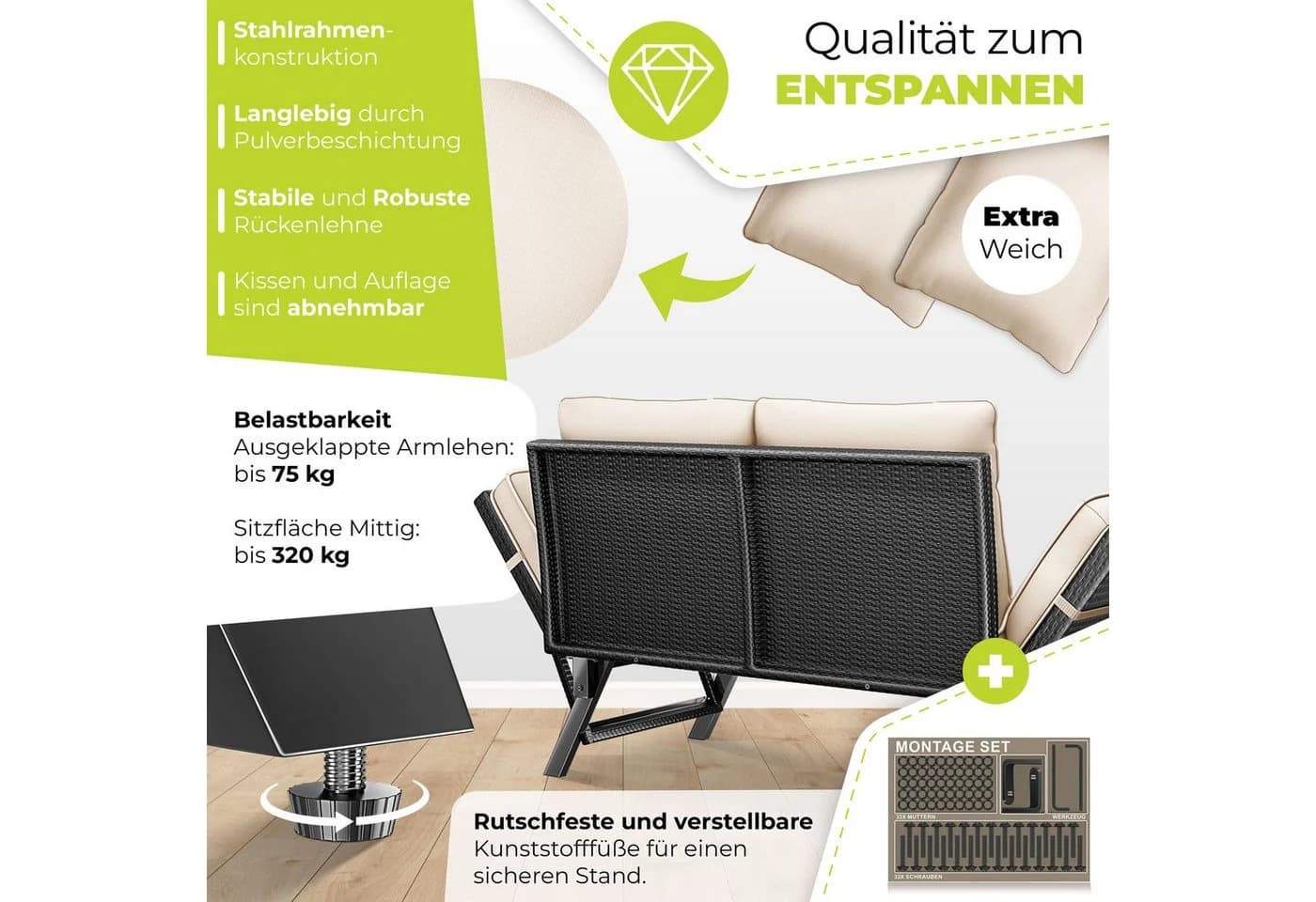 KESSER Gartenbank Polyrattan Luna Beige Multifunktional mit Liegefunktion - Bild 5