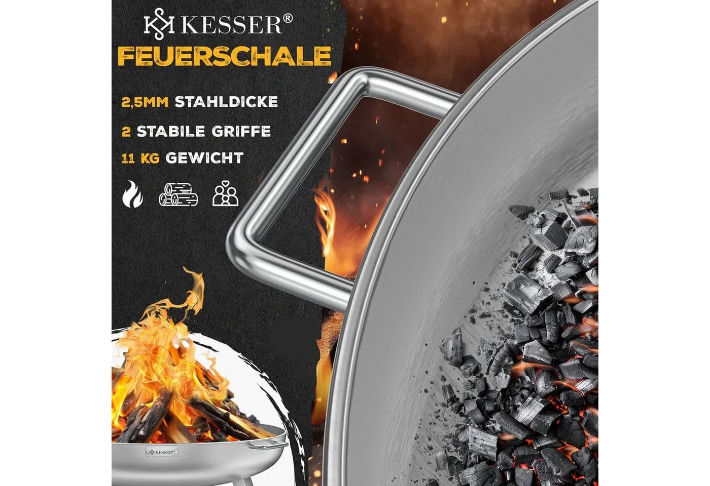 KESSER Feuerschale mit Wasserablauf und Feuerhaken