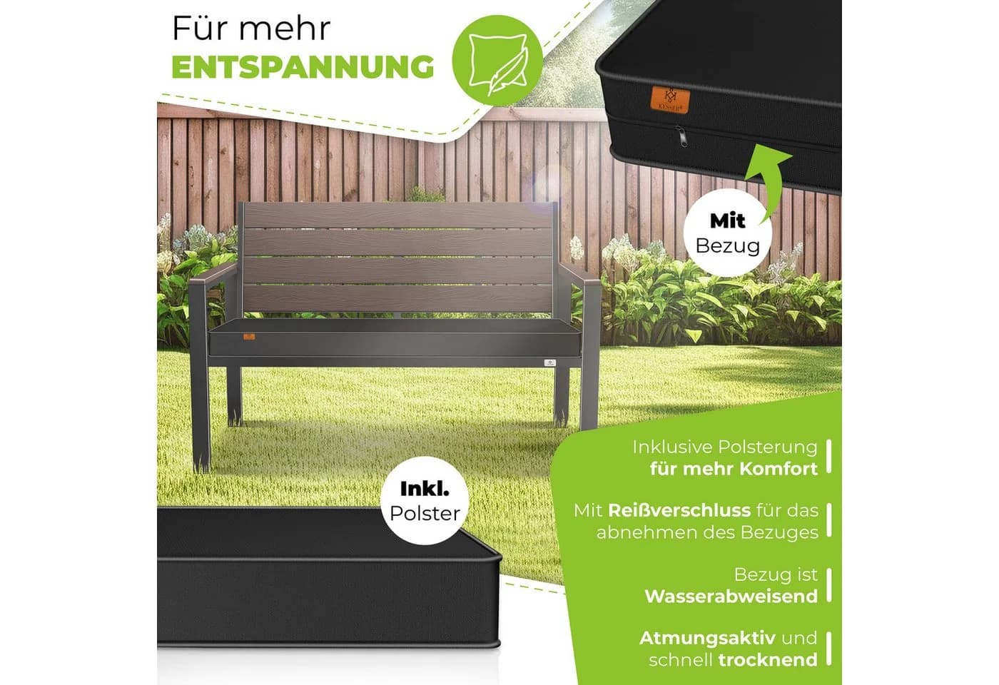 KESSER Gartenbank 2-Sitzer Braun Holzoptik mit Kissen