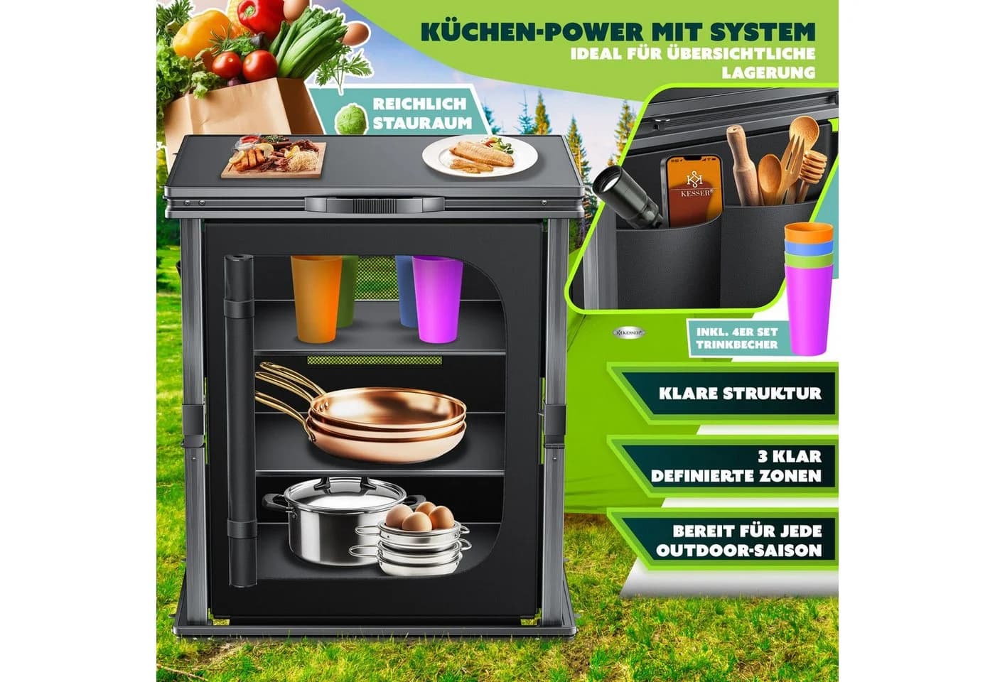 KESSER Faltbarer Campingschrank mit Aluminiumgestell Schwarz