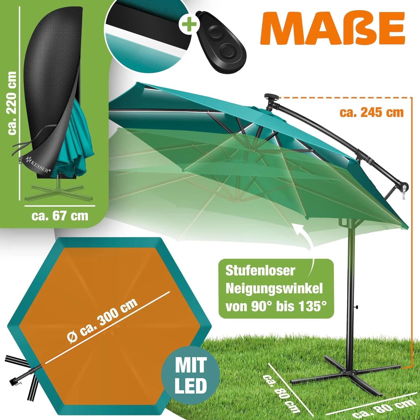 KESSER Alu Ampelschirm LED Solar mit Kurbel und Abdeckung